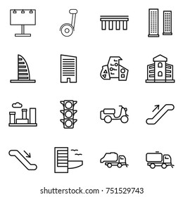 thin line icon set : billboard, segway, bridge, skyscrapers, skyscraper, modern architecture, building, city, traffic light, scooter shipping, escalator, hotel, trash truck, sweeper