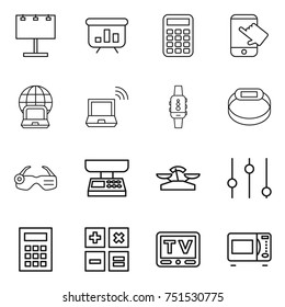 thin line icon set : billboard, presentation, calculator, touch, notebook globe, wireless, smart watch, bracelet, glasses, market scales, equalizer, tv, microwave oven