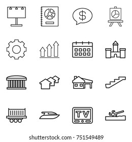 thin line icon set : billboard, annual report, money message, presentation, gear, graph up, calendar, castle, airport building, houses, house with garage, stairs, truck shipping, yacht, tv