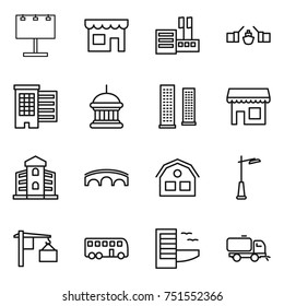 thin line icon set : billboard, shop, store, drawbridge, houses, goverment house, skyscrapers, building, bridge, outdoor light, loading, bus, hotel, sweeper