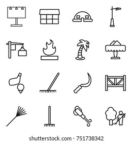 thin line icon set : billboard, market, dome house, outdoor light, loading, flammable, palm, restaurant, golf, rake, sickle, farm fence, blower, garden cleaning