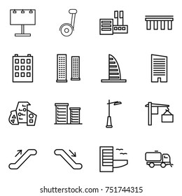 thin line icon set : billboard, store, bridge, building, skyscrapers, skyscraper, modern architecture, district, outdoor light, loading, escalator, hotel, sweeper