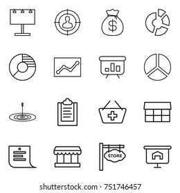 thin line icon set : billboard, target audience, money bag, circle diagram, statistics, presentation, clipboard, add to basket, market, shopping list, store signboard