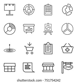 thin line icon set : billboard, target audience, clipboard, circle diagram, presentation, add to cart, basket, market, shopping list, store signboard