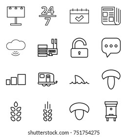 thin line icon set : billboard, 24 7, calendar, newspaper, cloud wireless, mall, unlock, sms, sorting, trailer, shark flipper, mushroom, spikelets, hive thin line icon set : billboard, 24 7, calendar, newspaper, cloud wireless, mall, unlock, sms, sorting, trailer, shark flipper, mushroom, spikelets, hive