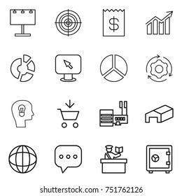 thin line icon set : billboard, target, receipt, diagram, circle, monitor arrow, around gear, bulb head, add to cart, mall, warehouse, globe, sms, inspector, safe