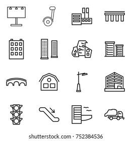 thin line icon set : billboard, segway, store, bridge, building, skyscrapers, modern architecture, district, house, outdoor light, office, traffic, escalator, hotel, trash truck