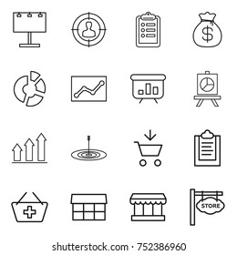 thin line icon set : billboard, target audience, clipboard, money bag, circle diagram, statistics, presentation, graph up, add to cart, basket, market, store signboard