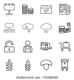 thin line icon set : billboard, coin stack, calendar, newspaper, structure, cloude service, cloud wireless, mall, unlock, workman, trailer, baggage trolley, spikelets, mushroom, hive