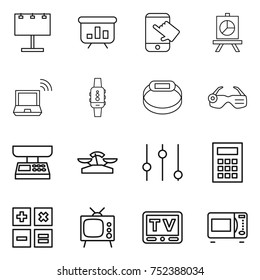 thin line icon set : billboard, presentation, touch, notebook wireless, smart watch, bracelet, glasses, market scales, equalizer, calculator, tv, microwave oven