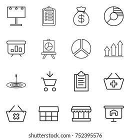 thin line icon set : billboard, clipboard, money bag, circle diagram, presentation, graph up, target, add to cart, basket, delete, market