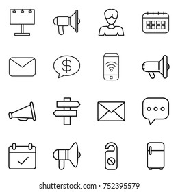 thin line icon set : billboard, loudspeaker, woman, calendar, mail, money message, phone wireless, megafon, singlepost, sms, terms, do not distrub, fridge