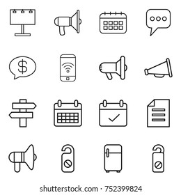 thin line icon set : billboard, loudspeaker, calendar, message, money, phone wireless, megafon, singlepost, terms, document, do not distrub, fridge