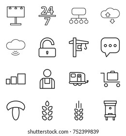 thin line icon set : billboard, 24 7, structure, cloude service, cloud wireless, unlock, tower crane, sms, sorting, workman, trailer, baggage trolley, mushroom, spikelets, hive