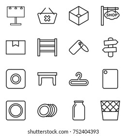 thin line icon set : billboard, delete cart, box, shop signboard, package, rack, label, signpost, ring button, table, hanger, cutting board, plates, bank, trash bin