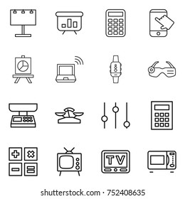 thin line icon set : billboard, presentation, calculator, touch, notebook wireless, smart watch, glasses, market scales, equalizer, tv, microwave oven