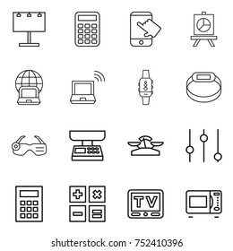 thin line icon set : billboard, calculator, touch, presentation, notebook globe, wireless, smart watch, bracelet, glasses, market scales, equalizer, tv, microwave oven