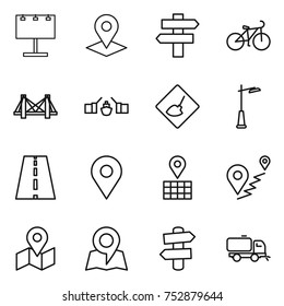 thin line icon set : billboard, pointer, singlepost, bike, bridge, drawbridge, under construction, outdoor light, road, geo pin, map, route, signpost, sweeper
