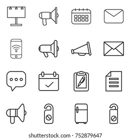 thin line icon set : billboard, loudspeaker, calendar, mail, phone wireless, megafon, sms, terms, clipboard pen, document, do not distrub, fridge