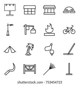 thin line icon set : billboard, market, dome house, outdoor light, loading, flammable, bike, tent, palm, golf, rake, sickle, farm fence
