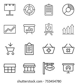 thin line icon set : billboard, target audience, clipboard, circle diagram, statistics, presentation, graph up, add to cart, basket, delete, market, store signboard