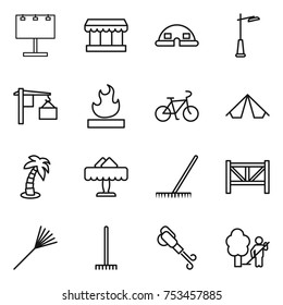 thin line icon set : billboard, market, dome house, outdoor light, loading, flammable, bike, tent, palm, restaurant, rake, farm fence, blower, garden cleaning