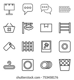 thin line icon set : billboard, message, discussion, battery, delete cart, shop signboard, package box, rack, label, pallet, photo, ring button, hanger, plates, trash bin