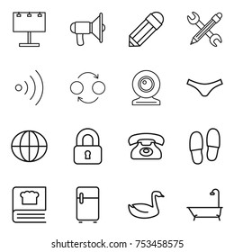 thin line icon set : billboard, loudspeaker, pencil, wrench, wireless, quantum bond, web cam, underpants, globe, locked, phone, slippers, cooking book, fridge, goose, bath