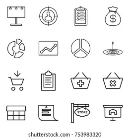thin line icon set : billboard, target audience, clipboard, money bag, circle diagram, statistics, add to cart, basket, delete, market, shopping list, store signboard, presentation