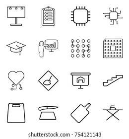 thin line icon set : billboard, clipboard, chip, graduate hat, presentation, cpu, cardio, under construction, stairs, cutting board, iron