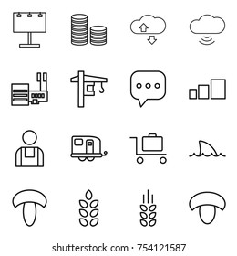 thin line icon set : billboard, coin stack, cloude service, cloud wireless, mall, tower crane, sms, sorting, workman, trailer, baggage trolley, shark flipper, mushroom, spikelets