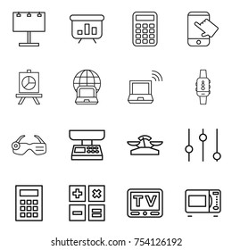 thin line icon set : billboard, presentation, calculator, touch, notebook globe, wireless, smart watch, glasses, market scales, equalizer, tv, microwave oven