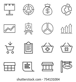 thin line icon set : billboard, target audience, money bag, circle diagram, statistics, presentation, graph up, add to cart, clipboard, basket, delete, market, shopping list, store signboard