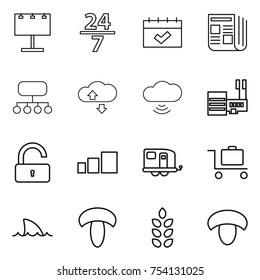 thin line icon set : billboard, 24 7, calendar, newspaper, structure, cloude service, cloud wireless, mall, unlock, sorting, trailer, baggage trolley, shark flipper, mushroom, spikelets