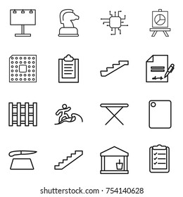 thin line icon set : billboard, chess horse, chip, presentation, cpu, clipboard, stairs, inventory, pallet, surfer, iron board, cutting, utility room, list