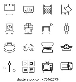 thin line icon set : billboard, presentation, calculator, touch, notebook globe, wireless, smart watch, bracelet, glasses, market scales, equalizer, tv, microwave oven