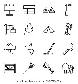 thin line icon set : billboard, market, dome house, outdoor light, loading, flammable, tent, palm, restaurant, golf, rake, sickle, farm fence, blower, garden cleaning