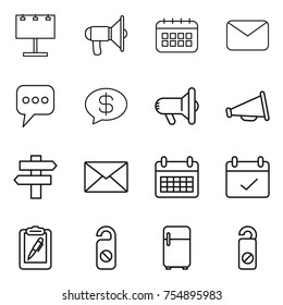 thin line icon set : billboard, loudspeaker, calendar, mail, message, money, megafon, singlepost, terms, clipboard pen, do not distrub, fridge