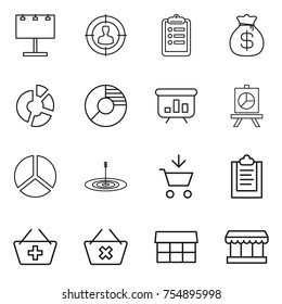 thin line icon set : billboard, target audience, clipboard, money bag, circle diagram, presentation, add to cart, basket, delete, market