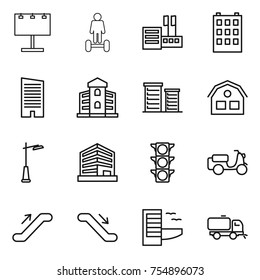 thin line icon set : billboard, hoverboard, store, building, skyscraper, district, house, outdoor light, office, traffic, scooter shipping, escalator, hotel, sweeper