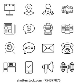 thin line icon set : billboard, pointer, share, team, newspaper, money message, notebook globe, server, web cam, balloon, mail, phone, consolidated cargo, mobile checking, loudspeaker, wireless