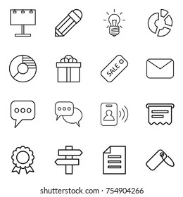 thin line icon set : billboard, pencil, bulb, circle diagram, gift, sale, mail, message, discussion, pass card, atm receipt, medal, singlepost, document, label