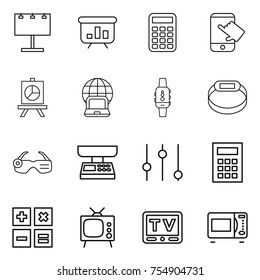 thin line icon set : billboard, presentation, calculator, touch, notebook globe, smart watch, bracelet, glasses, market scales, equalizer, tv, microwave oven