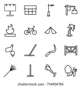 thin line icon set : billboard, market, outdoor light, loading, flammable, bike, tent, palm, golf, rake, sickle, farm fence, blower, garden cleaning