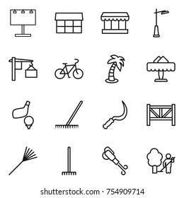 thin line icon set : billboard, market, outdoor light, loading, bike, palm, restaurant, golf, rake, sickle, farm fence, blower, garden cleaning