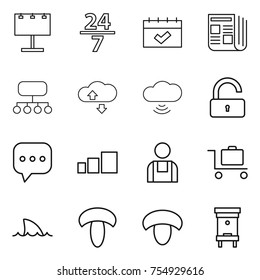 thin line icon set : billboard, 24 7, calendar, newspaper, structure, cloude service, cloud wireless, unlock, sms, sorting, workman, baggage trolley, shark flipper, mushroom, hive