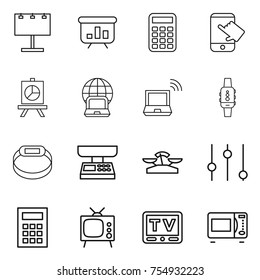 thin line icon set : billboard, presentation, calculator, touch, notebook globe, wireless, smart watch, bracelet, market scales, equalizer, tv, microwave oven