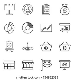 thin line icon set : billboard, target audience, clipboard, money bag, circle diagram, statistics, presentation, add to basket, delete cart, market, store signboard
