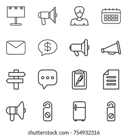 thin line icon set : billboard, loudspeaker, woman, calendar, mail, money message, megafon, singlepost, sms, clipboard pen, document, do not distrub, fridge