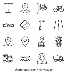 thin line icon set : billboard, pointer, shop signboard, bike, drawbridge, under construction, outdoor light, road, geo pin, map, traffic, train, bus, sweeper